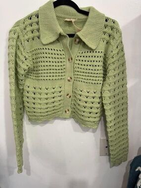 Hem & Thread Light Green Cropped Open-Knit Button-Up Sweater